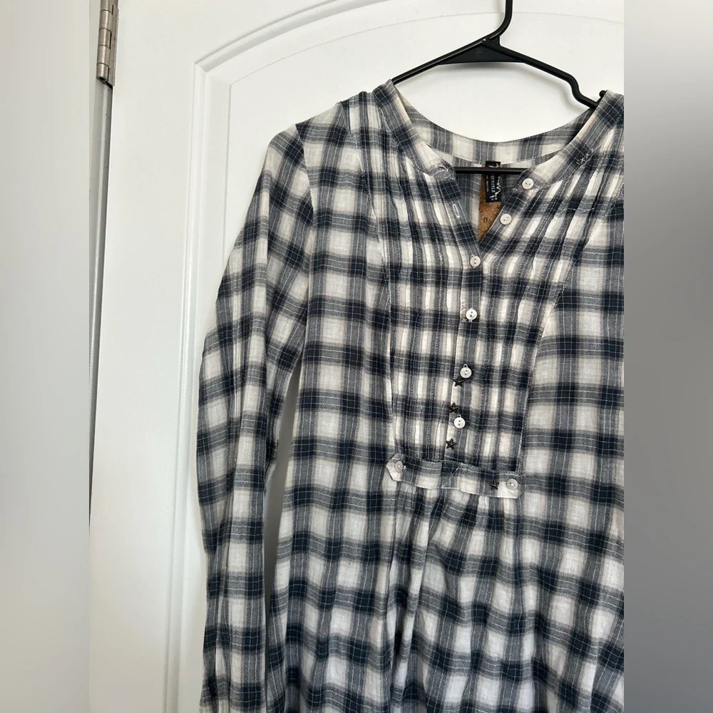 Free People Plaid Babydoll Button-Up Long Sleeve Shirt Size L boho cottagecore - Picture 6 of 11
